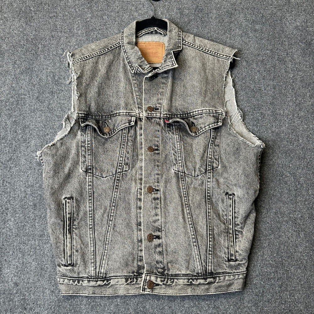 Vintage Levis Denim Vest Mens Large Black Acid Wash Trucker Cut Off 75525-0459